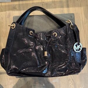 Michael Kors Shiny Black Snake-Embossed Shoulder Bag
